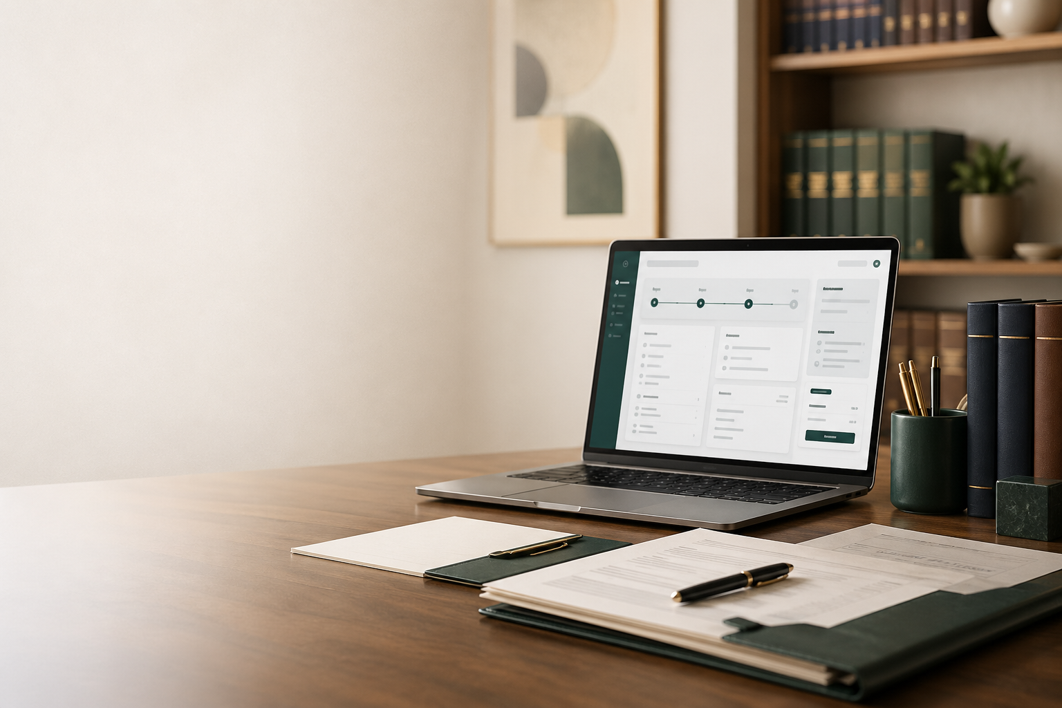 A warm law office desk with a laptop showing an estate planning workflow